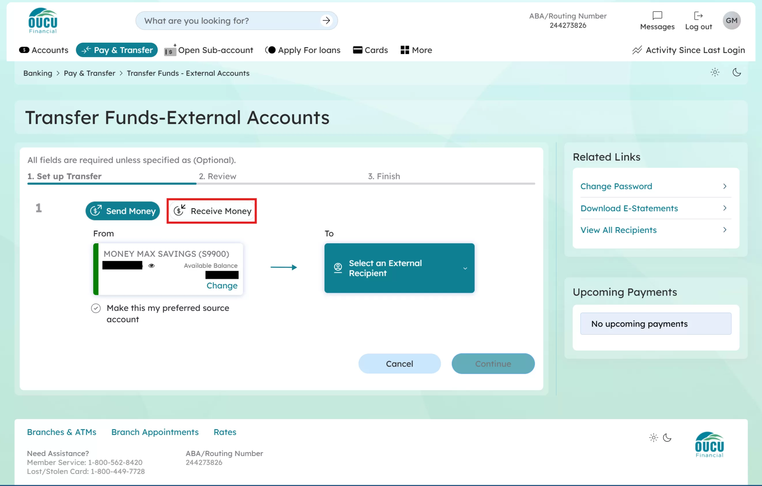 By default the transfer is set to send money from your OUCU account to the external account. To receive money from your external account click the “Receive Money” button
